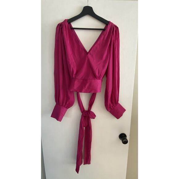 Banana Republic Factory Cropped Wrap Blouse Size 6 Dragon Fruit Pink LongSleeve - Picture 2 of 11